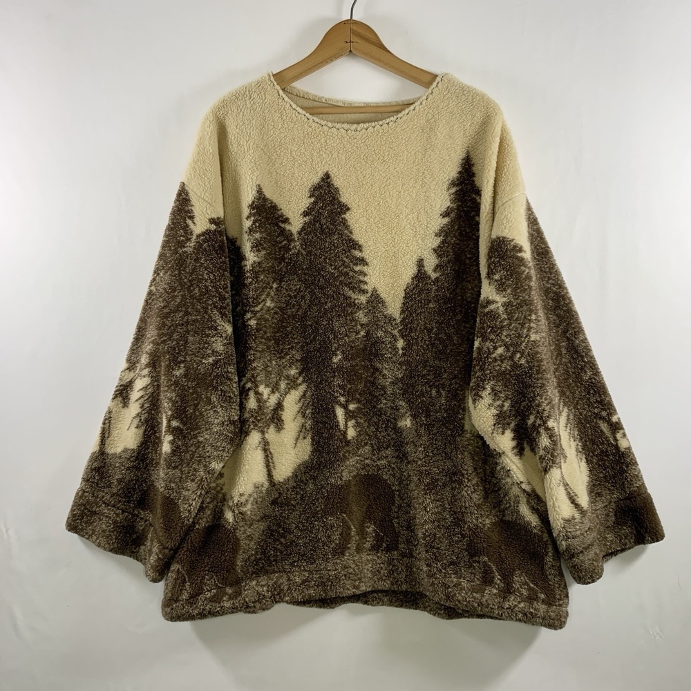 Handmade Scenic Fleece Pullover Blanket Sweater XL Oversized Rustic Cabin Sherpa